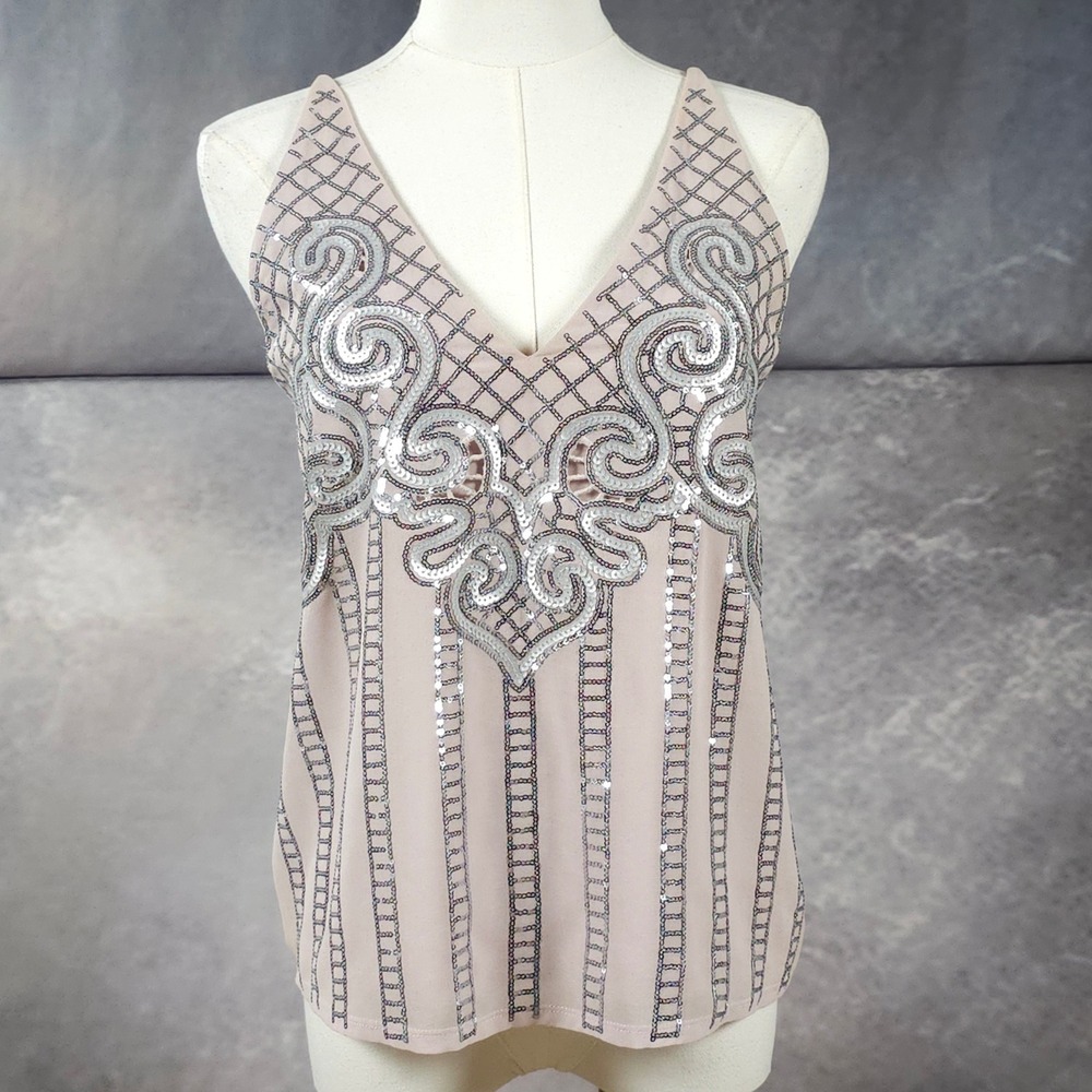 Express Art Deco Sequin Strappy Back Cami Tank Night Out Blush Pink XS
